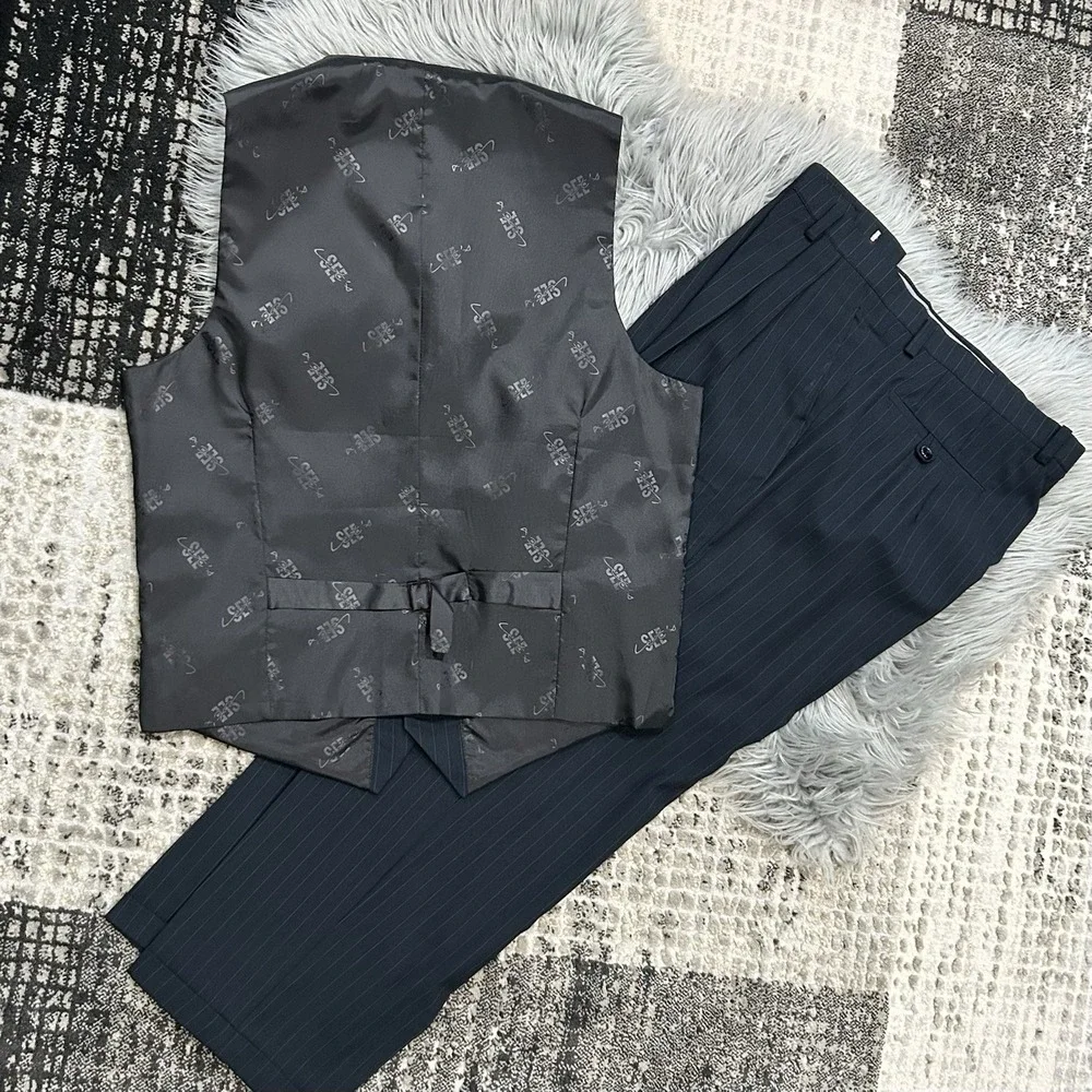 Custom‎ Tailor Mens Dark Navy Pinstripe 3 Piece Suit 38X30